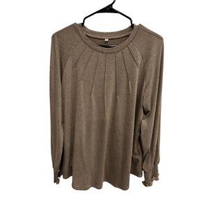 Womens Brown Long Sleeve Pleated Blouse Smocked Cuffs Top Preppy Chic 2026